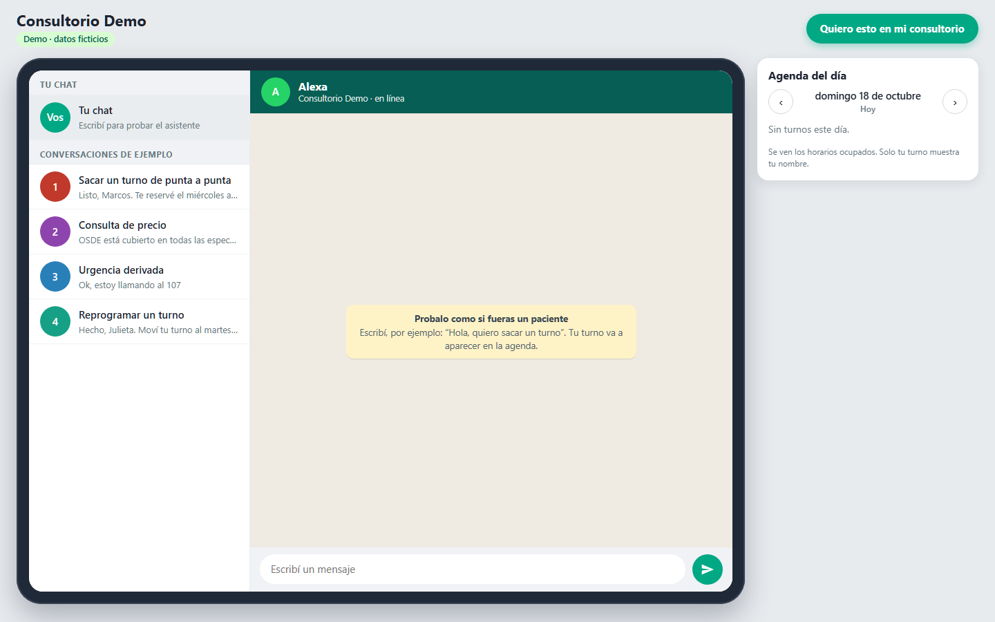 Simulador de la demo en formato tablet, con la lista de chats y una conversación para pedir turno